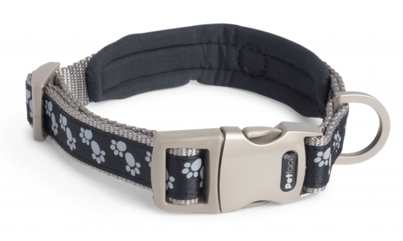 Petface Padded Dog Collar Black Paws Med 35-40cm